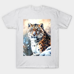 A Proud Snow Leopard Went Hunting, in the Snowy forest, Hight Mountains, Snow Falling, Winter Landscape, Wildlife White Panthera, Watercolor T-Shirt